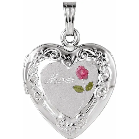 Sterling Silver 27mm Mom Heart & Rose Locket Pendant