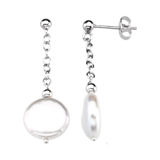 Sterling Silver Cultured White Freshwater Coin Pearl Earrings