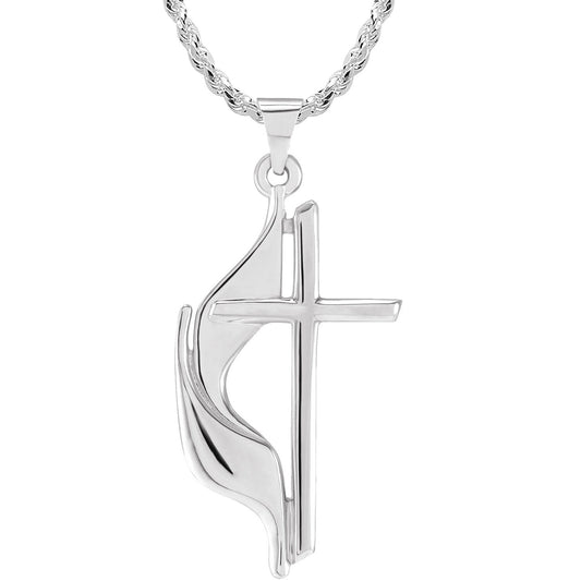 Sterling Silver 30mm Methodist Cross Pendant Necklace
