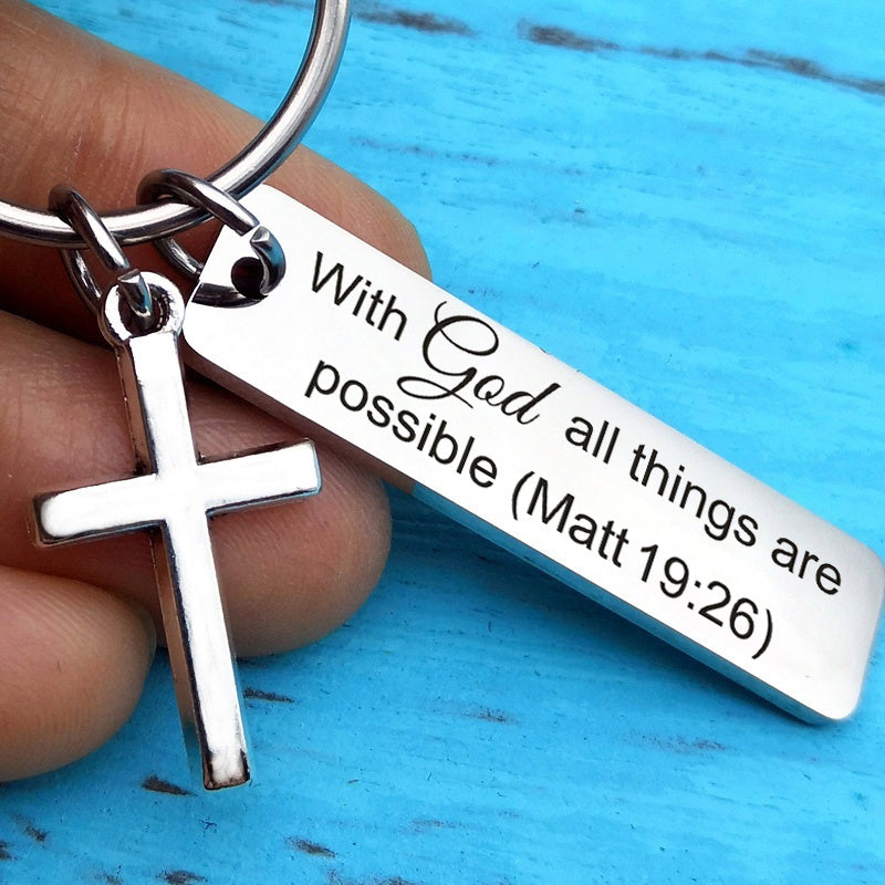 Cross & Bible Verse Stainless Steel Keychain