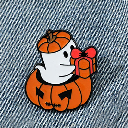Cute Ghost with Gift & Pumpkin Enamel Pin