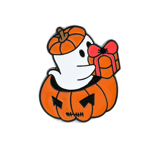 Cute Ghost with Gift & Pumpkin Enamel Pin
