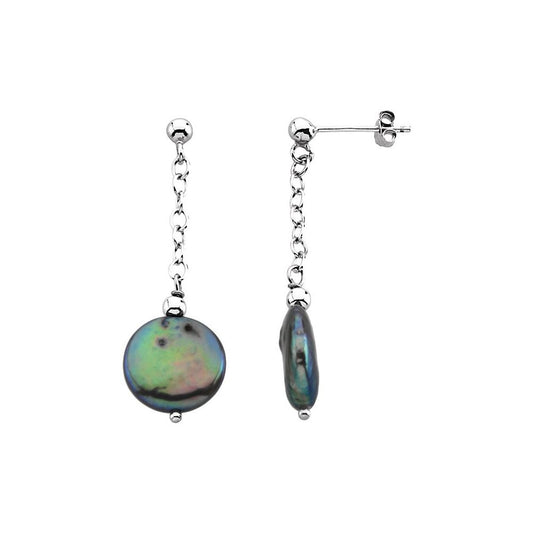 Sterling Silver Cultured Freshwater Black Coin Pearl Earrings
